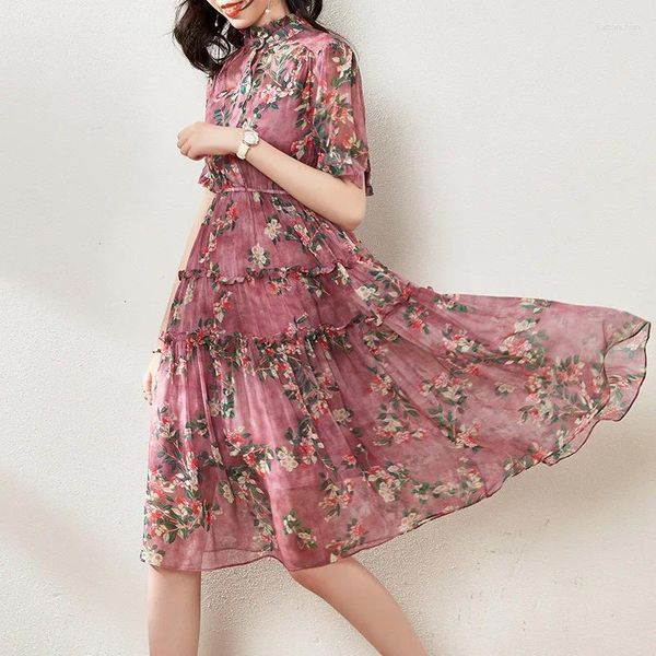 Casual Kleider Rosa Seide Blumen Maxi Kleid Frauen Robe Femme 2024 Sommer Lange Arbeit Boho Strand Büro Sexy Party Luxus plus Größe