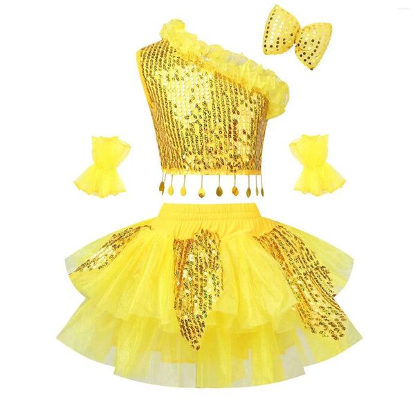 Palco desgaste meninas ballet tutu outfits lantejoulas oblíqua ombro colheita top e saia com arco clipe de cabelo punhos jazz dança desempenho traje