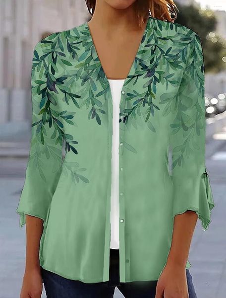 Damenblusen, Bluse, Damen, Blattdruck, Hemd, Frühling, Herbst, Kleidungsstil, lockerer Kimono-Cardigan, 3/4-Ärmel, lässig