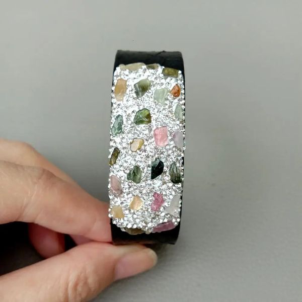 Natural cor misturada retângulo turmalina pulseira de couro preto para mulheres vintage boêmio ampla jóias femininas 231229