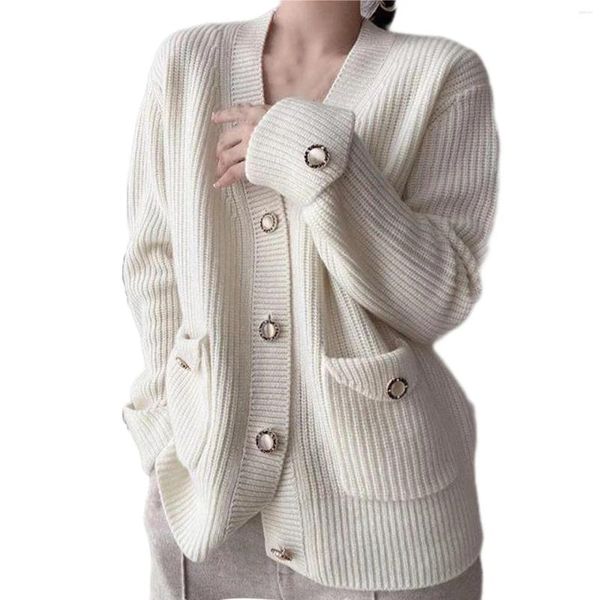 Jaquetas femininas senhoras cor sólida corpo solto botão de metal camisola cardigan topo solto-ajuste casaco moda-avançado com capuz personalizado clássico