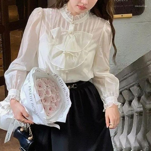 Damenblusen Vintage High Street Blusas Mujer De Moda 2024 Stehkragen Chic Bowknot Sanfte einreihige Rüschen Französische Hemden