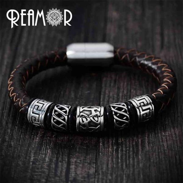 REAMOR Trendiges Herren-Armband aus schwarzem Leder, 316l Edelstahl, Wikinger-Perlenarmbänder mit starkem Magnetverschluss, 17–21 cm, 210918309U