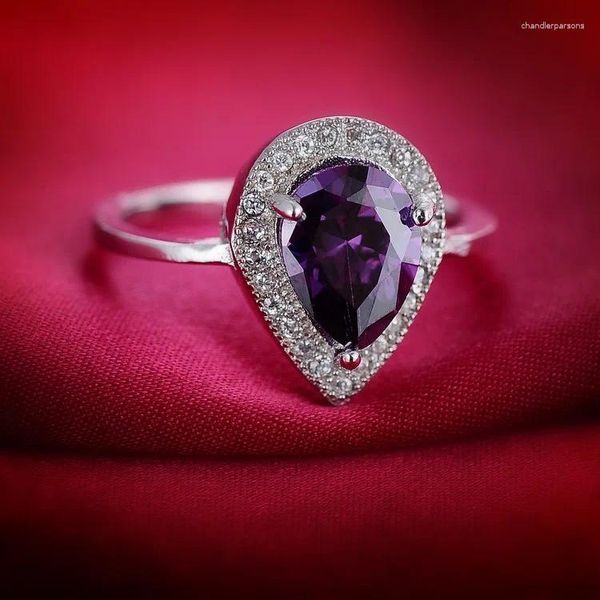 Anelli a grappolo Elegante argento sterling 925 viola goccia d'acqua cristallo per le donne Moda nuziale anelli di nozze gioielli senza nichel