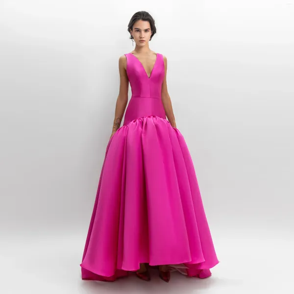 Вечерние платья 2024, фуксия, атласное длинное выпускное платье без рукавов с v-образным вырезом и рюшами из тафты, вечернее платье Vestidos De Fiesta, розовое торжественное платье