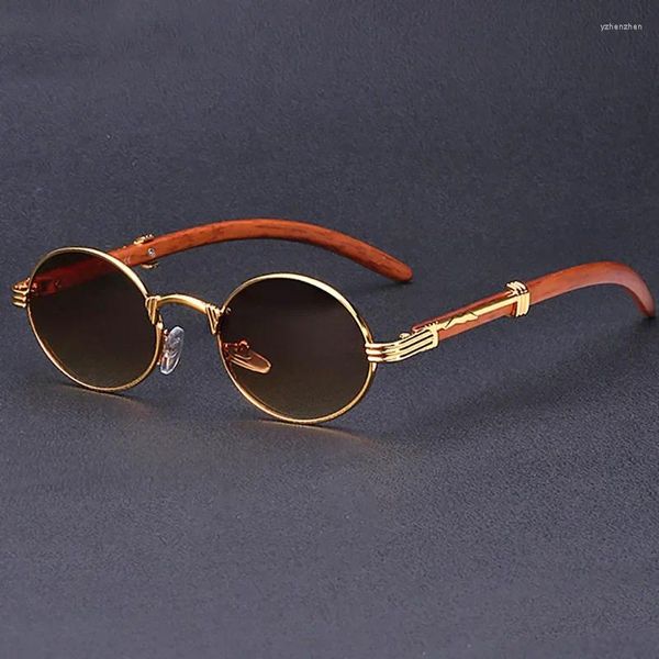 Sonnenbrille, Metallrahmen, Vintage-Holzbrillenbeine, neutral, rund, klein, trendige Accessoires für Damen
