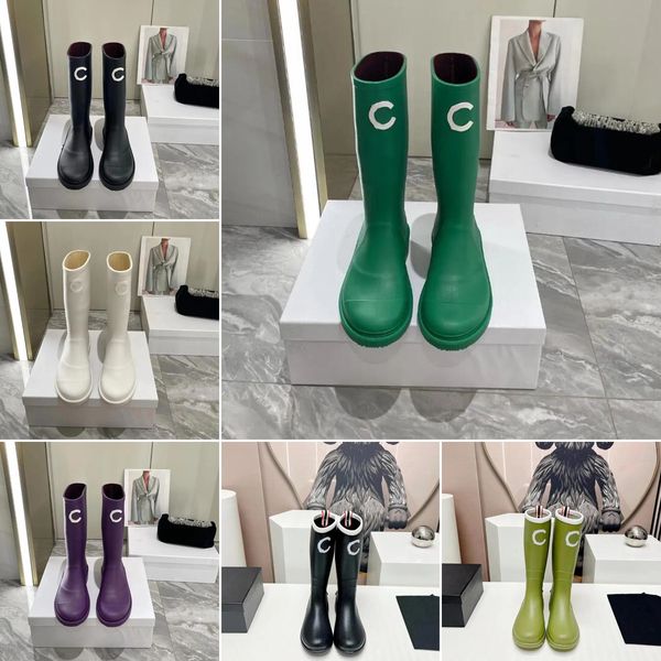 Botas de grife de tubo comprido borracha feminina bota de chuva preto verde púrpura clássica clássica de joelho de joelho clássico bota de chuva Sapatos de chuva de borracha vintage para mulheres