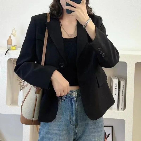 Ternos femininos casacos curtos para mulheres cáqui blazer mulher solta sólida outerwears jaqueta colheita roupas preto estilo coreano comentários muitos venda