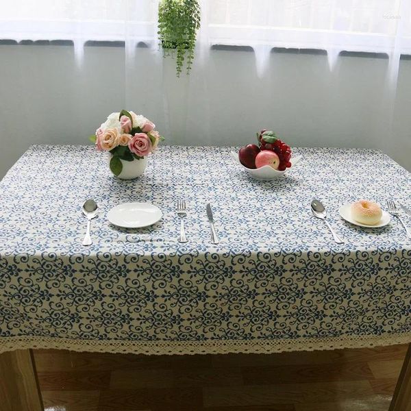 Saia de mesa retro impressão étnica azul e branco porcelana clássico algodão linho retangular toalha de mesa copo pano redondo