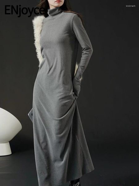 Повседневные платья ENjoyce 2024, зимнее корейское модное вязаное платье-свитер с высоким воротником H-образной формы, женское платье выше колена, тонкий трикотаж