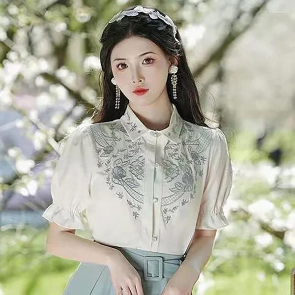 Blusas femininas primavera verão mulheres camisa manga comprida lapelas único breasted casual vintage chinês antigo traje de corte