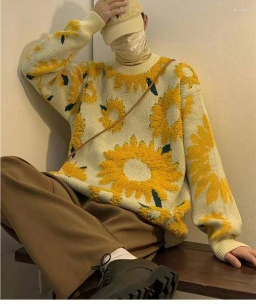 Damen Bademode Pullover Herbst Winter Japanische Retro Sonnenblume Stickerei Unisex Männer Frauen Hip Hop Paar Strickwaren