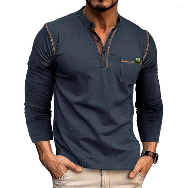 Herren T-Shirts Herren Casual Business Patchwork Langarm Henley Hemdkragen Tops Bluse Button Up Muskeltasche Mode Männlich