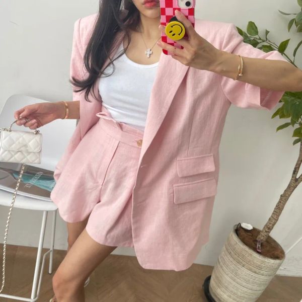 2023 verão novo coreano rosa fino algodão linho ternos jaquetas roupas femininas shorts + blazer solto conjuntos de duas peças feminino