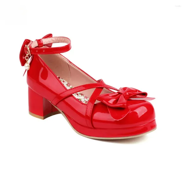 Sapatos de vestido Brilhante patente couro lolita mulheres vermelho noiva festa de casamento plataforma de tiras mary janes bombas tornozelo cinta bloco saltos cubanos