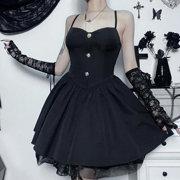 Повседневные платья, готическое черное мини-платье трапециевидной формы, женское корсет на бретельках, сексуальная эстетичная фея в стиле гранж, вечеринка по случаю дня рождения, элегантная женская одежда Y2k