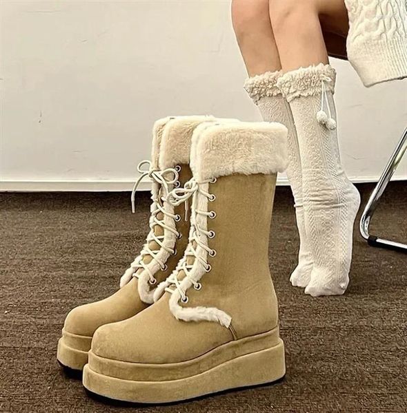 Botas 2024 inverno vintage grosso fundo de pelúcia piloto quente meados de manga cinta pele neve para mulheres