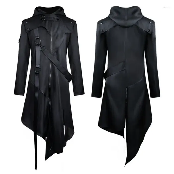 Trench da uomo Cappotto irregolare con cappuccio per uomo Cappotto gotico Steampunk Cappotto di Halloween Abbigliamento vintage COS Cerniera solida