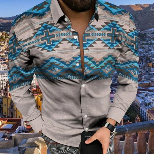 Camicie casual da uomo Moda sociale Camicia da uomo con colletto rovesciato e bottoni Stampa etnica Top a maniche lunghe Camicette Club Cardigan