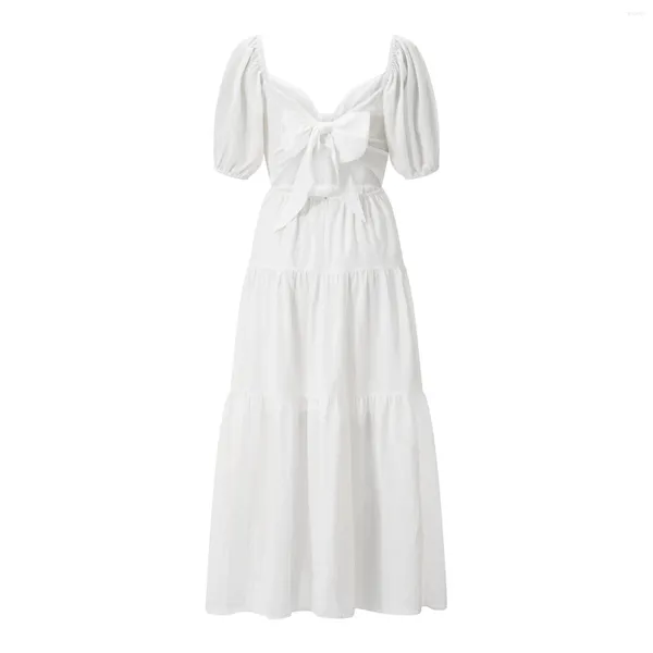 Partykleider Puloru Fairycore Weißes fließendes langes Kleid Damen Rückenbowknot A-Linie Elegant Puff Kurzarm V-Ausschnitt Vestidos