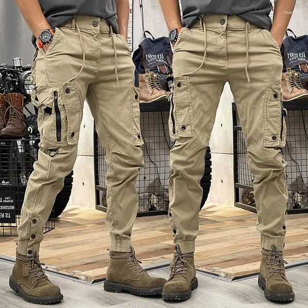 Pantaloni da uomo Abbigliamento da lavoro retrò americano multiplo per pantaloni allacciati con cerniera in vita elastica alla moda, minimalista, con tasca grande e tasca a bocca larga