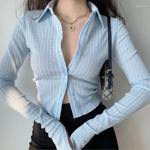 Camicette da donna Mexzt Streetwear Camicia scozzese ritagliata sexy da donna Colletto rovesciato moda Camicetta corta sottile Primavera Lady Top casual coreano