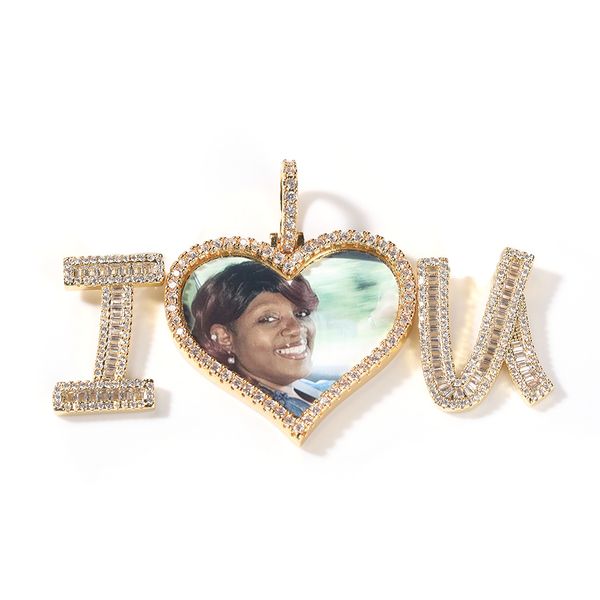Хип-хоп золотая цепочка DIY на заказ фото I LOVE U love фоторамка кулон ожерелье для мужчин роскошная медь с бриллиантами пара кулон сувенирное веревочное ожерелье 24 дюйма 1970