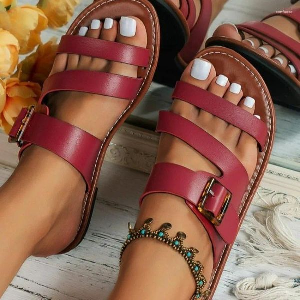 Hausschuhe 2024 Sommer Frauen Retro Flache Strand Licht Weinrot Sandalen Offene spitze Schmalen Riemen Römischen Leder Femme Zapatillas