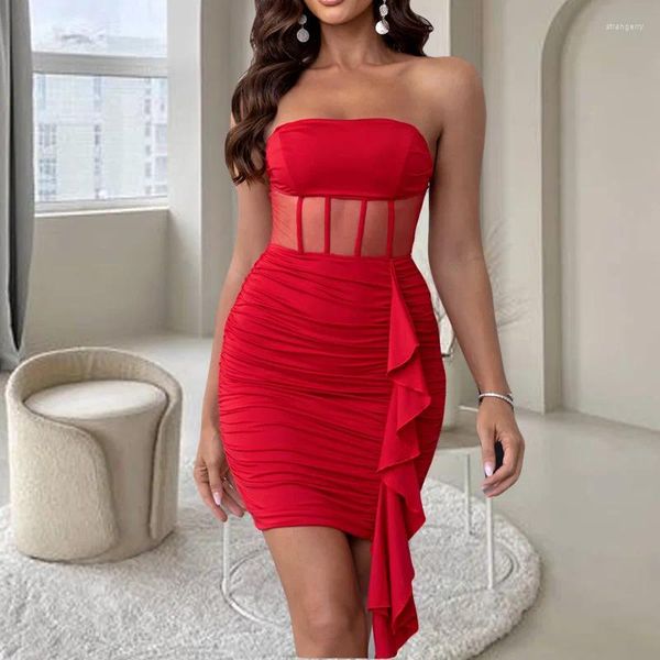 Lässige Kleider Cutubly Elegantes rotes Korsett-Wrap-Abendkleid trägerlos Sexy Mesh-Panel geraffte, figurbetonte Minikleider Party Club Lady