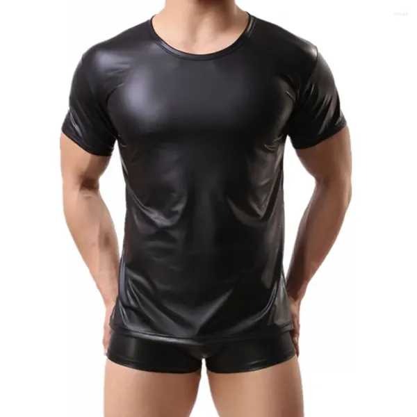 Camisetas masculinas de couro camisetas elásticas moda PU camisetas