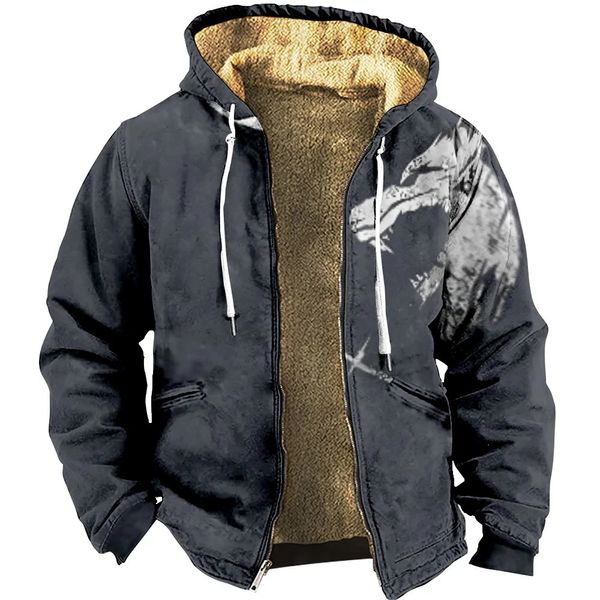 Inverno masculino zip-up hoodies manga longa velo parka casaco lobo impressão sweatshirts diário outerwear jaquetas rua casaco 231229