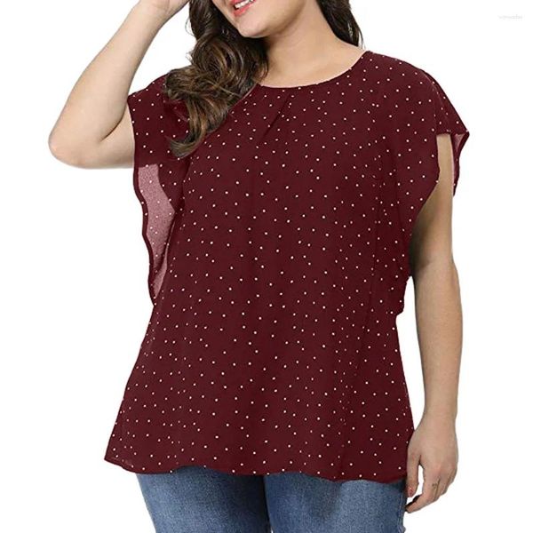 Camiseta feminina verão plus size plissado manga camisa topo polka dot chiffon blusa moda simples versátil roupas 2024