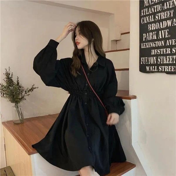 Повседневные платья, платье-рубашка, женское черное платье-фонарик с длинным рукавом и эластичной резинкой на талии, трапециевидное мини-опрятное корейское однотонное простое платье