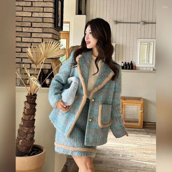 Zweiteiliges Kleid Blau Plaid Woolen Damen Anzug Jacke Rock Set 2024 Herbst und Winter Vintage Nischendesign Mantel Kurz Zweiteilig