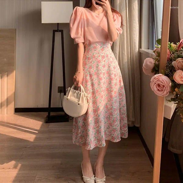 Damen Zweiteilige Hose 2024 Rosa Anzug Rock Sommer Super Fee Frische Mode Tops Crushed Chiffon Halbkörper Zweiteiler Y2K Koreanisch