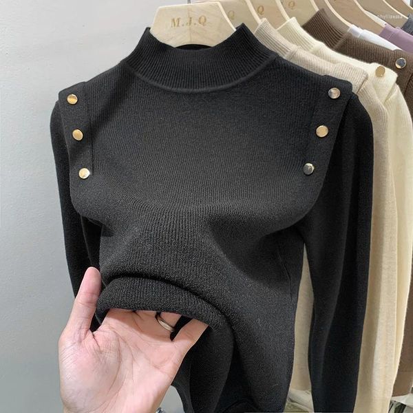 Kadın Sweaters Yarı Türbozlu Örme Taban Katmanı Sonbahar Kış Moda İnce Örgü Sökü Düğmesi Döşeme Zarif Kazak