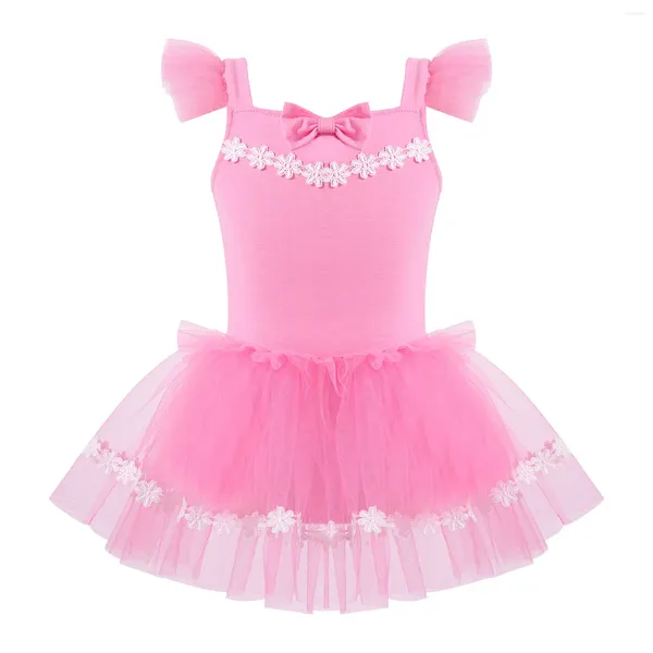 Palco desgaste crianças meninas bonito ballet tutu voando manga bowknot flor bordado malha vestido de princesa dança collant para festa diária