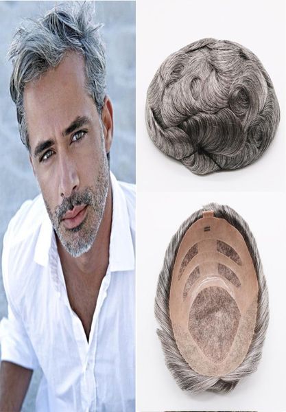 Hochwertige natürliche braune graue Mono-Spitzen-Toupets, handgebundene Haarteile, Echthaar-Ersatz-Toupets, Herrenperücken9679427