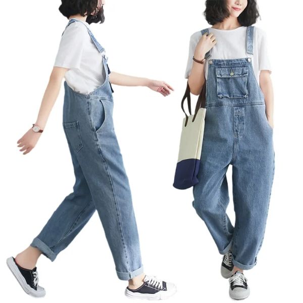 Denim-Overalls für Damenjeans Fat Sisters 2023 Frühling/Herbst Hosen reine Baumwolle Lockerer, schmaler Jeans-Overall mit mehreren Taschen