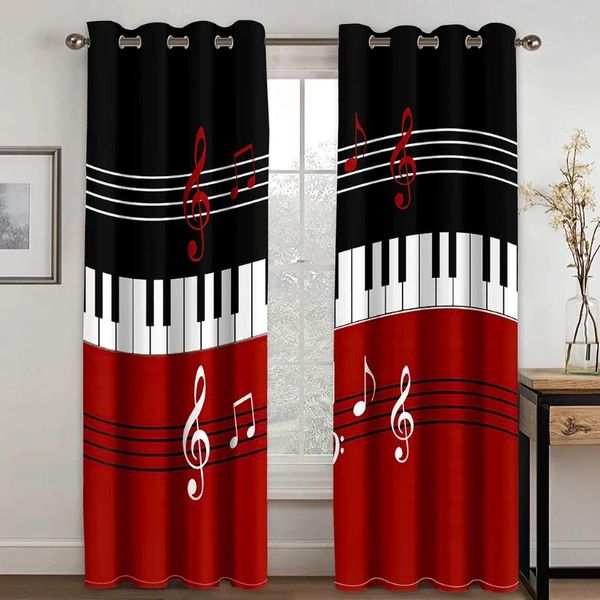 Cortina preto vermelho notas 3d piano chave design elegante 2 peças finas para janela cortina sala de estar decoração do quarto