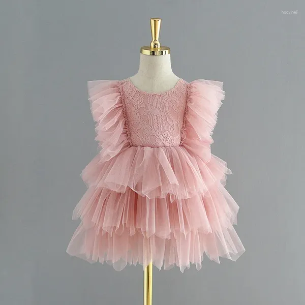 Mädchen Kleider 2024 Sommer Garn Prinzessin Kuchen Kleid Zurück V-ausschnitt Spitze Flattern Hülse Tanz Kleidung Für Kinder
