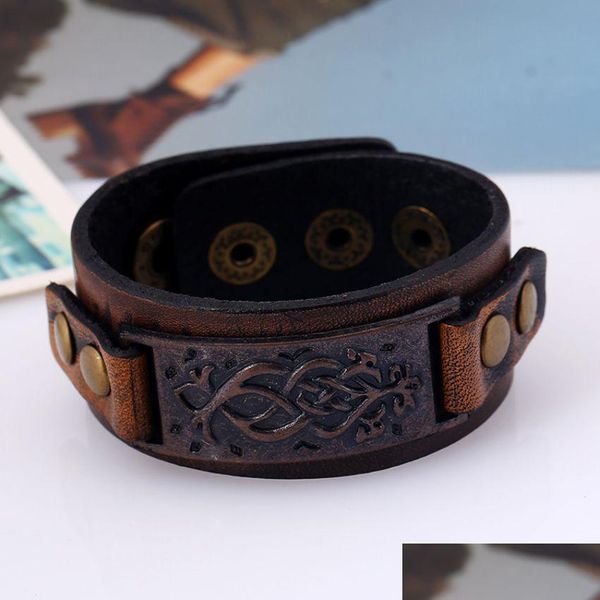 Bracciale rigido retrò in metallo floreale ramo Bar ID polsino in pelle pulsante braccialetto regolabile polsino per uomo donna gioielli di moda consegna di goccia Dhotw