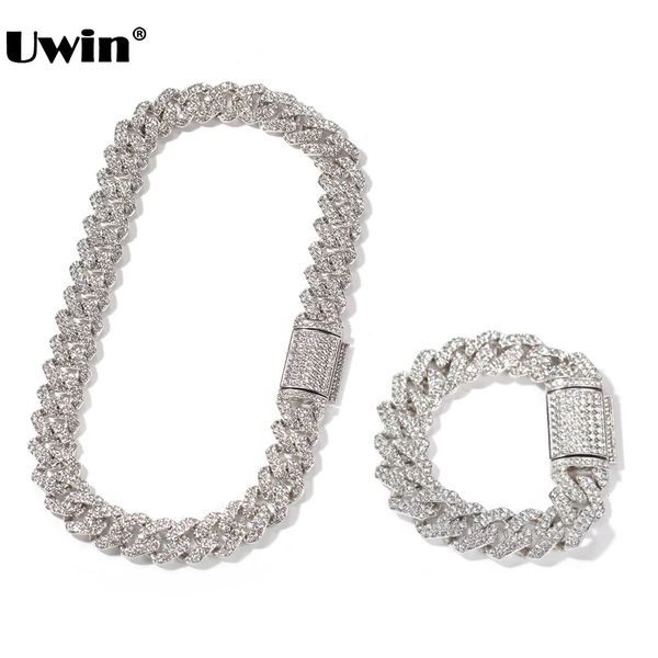 Uwin 18mm çinko alaşım Miami Küba Zinciri Kolye/Bilezik Seti Erkekler Buzlu Bling Rhinestones Hip Hop Takı Damlası 240102