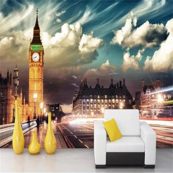Sfondi Carta da parati paesaggio 3D Scena notturna della città di Londra Big Ben Tower Sfondo Decorazioni per la casa Pittura Murale Sfondi Carte da parati