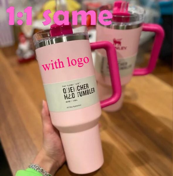 ABD Depo Pembe Flamingo Karpuz Moonshine H2.0 40oz 1: 1 Kopyala Tumbler Silikonlu Saplı Su Şişesi ile Tumbler Kupalar 4 Saat Sıcak 7 Saat Soğuk 20 saat Buzlu