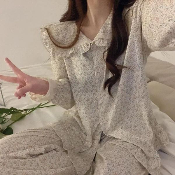 Pijamas femininos 2024 pijamas florais feminino primavera outono algodão manga longa boneca colarinho loungewear doce adorável falbala homewear