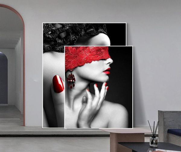 Moda moderna sexy lábios vermelhos pintura em tela mulheres cartazes e impressões sala de estar quarto arte da parede fotos casa barra decoração9483567