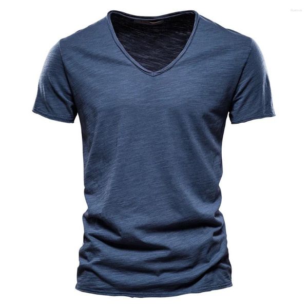 T-shirts pour hommes, vente d'été, couleur unie, nœud en bambou, coton, col en v, manches courtes, vêtements purs