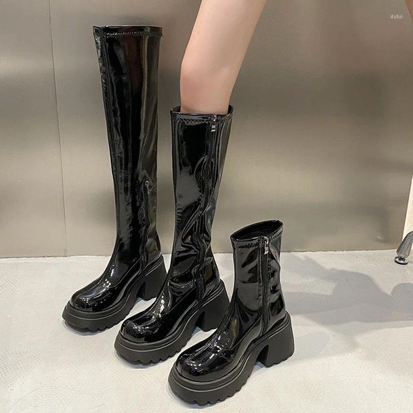 Botas de couro patente plataforma chunky longo mulheres 2024 outono punk saltos grossos sapatos mulher zíper preto motocicleta botas de mujer