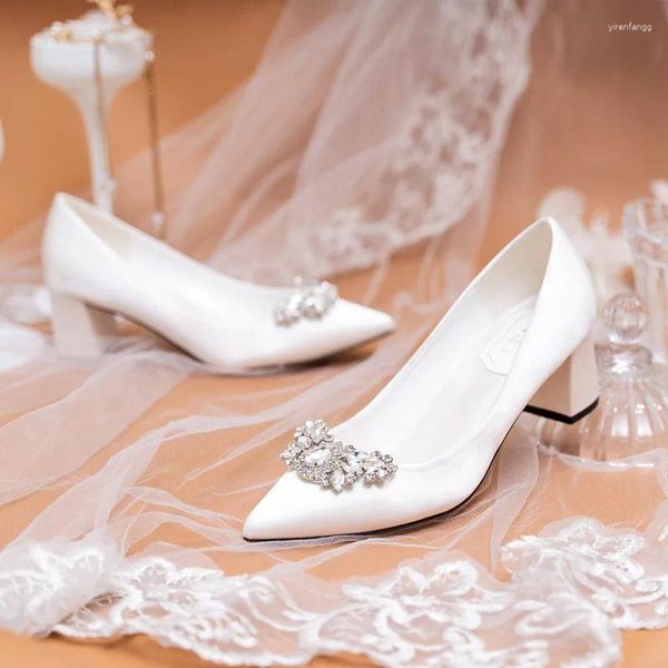 Kleid Schuhe Damen Hochzeit Französisch Stil Weiß Strass Spitzschuh Große Größe Blockabsatz Luxus Pumps Chaussure Femme Mariage